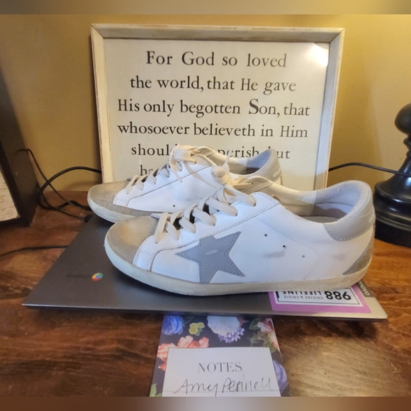 Golden Goose Superstars Size 39 Mixed Leather Neutral Grayish Suede Blue Star - Picture 4 of 8